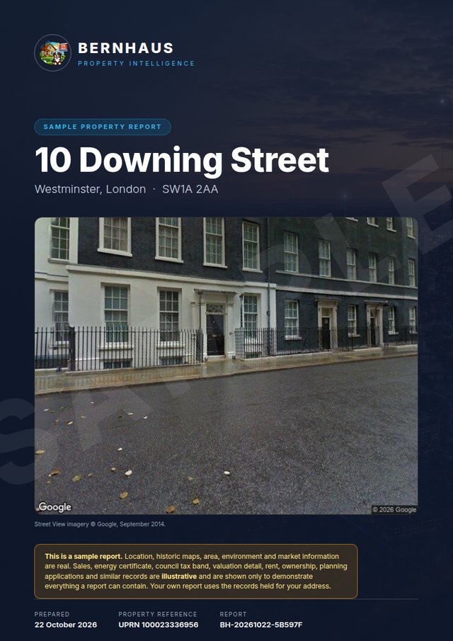 Cover of the Bernhaus sample property report for 10 Downing Street